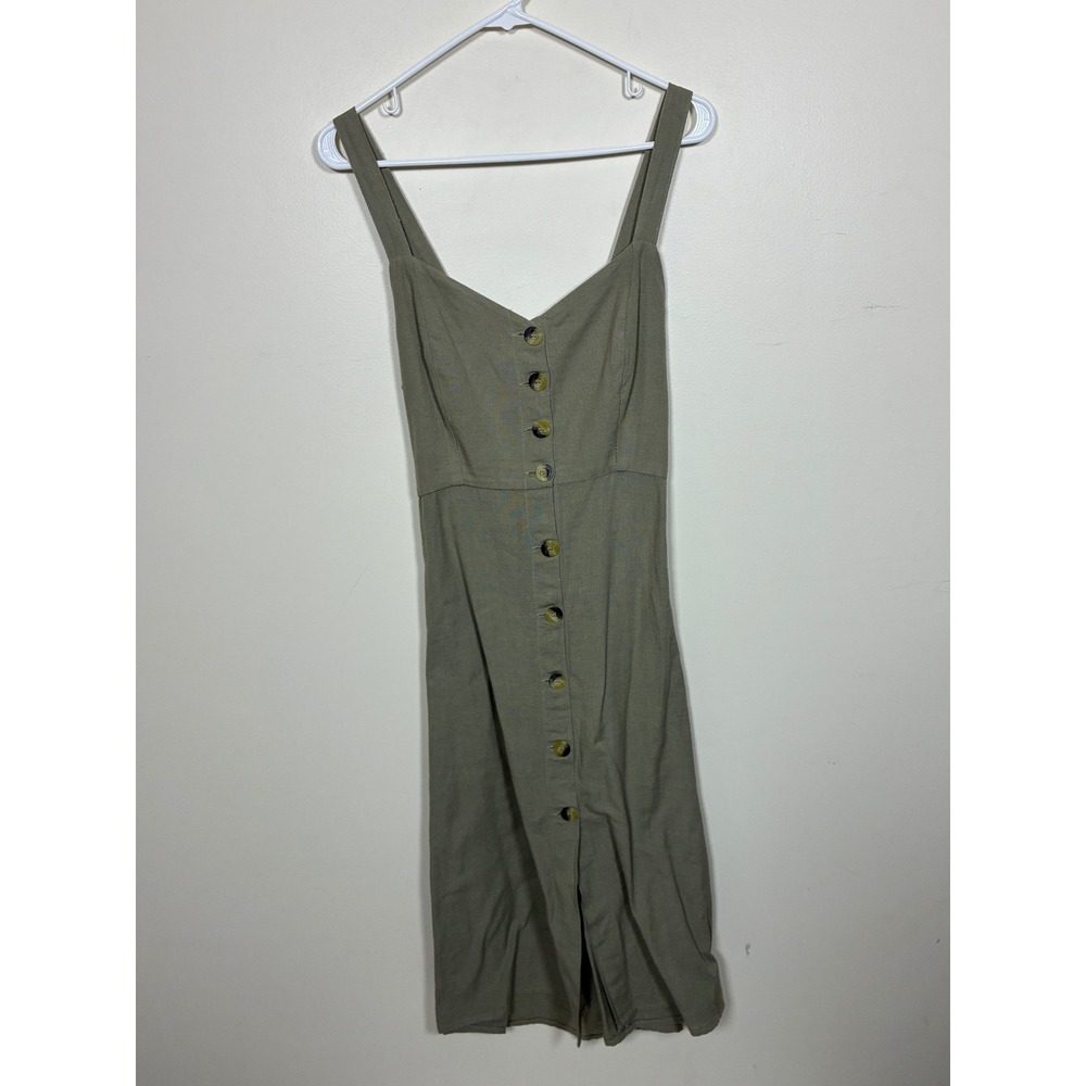 Japna Linen Cotton Earthy Midi Dress Size M Olive Green Cutout Back Euro Summer